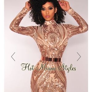 Rose Gold Victorian Sequins Mesh Long Sleeve Dress